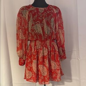 Red Paisley Long Sleeve Flowy Mini Dress. Size Small.